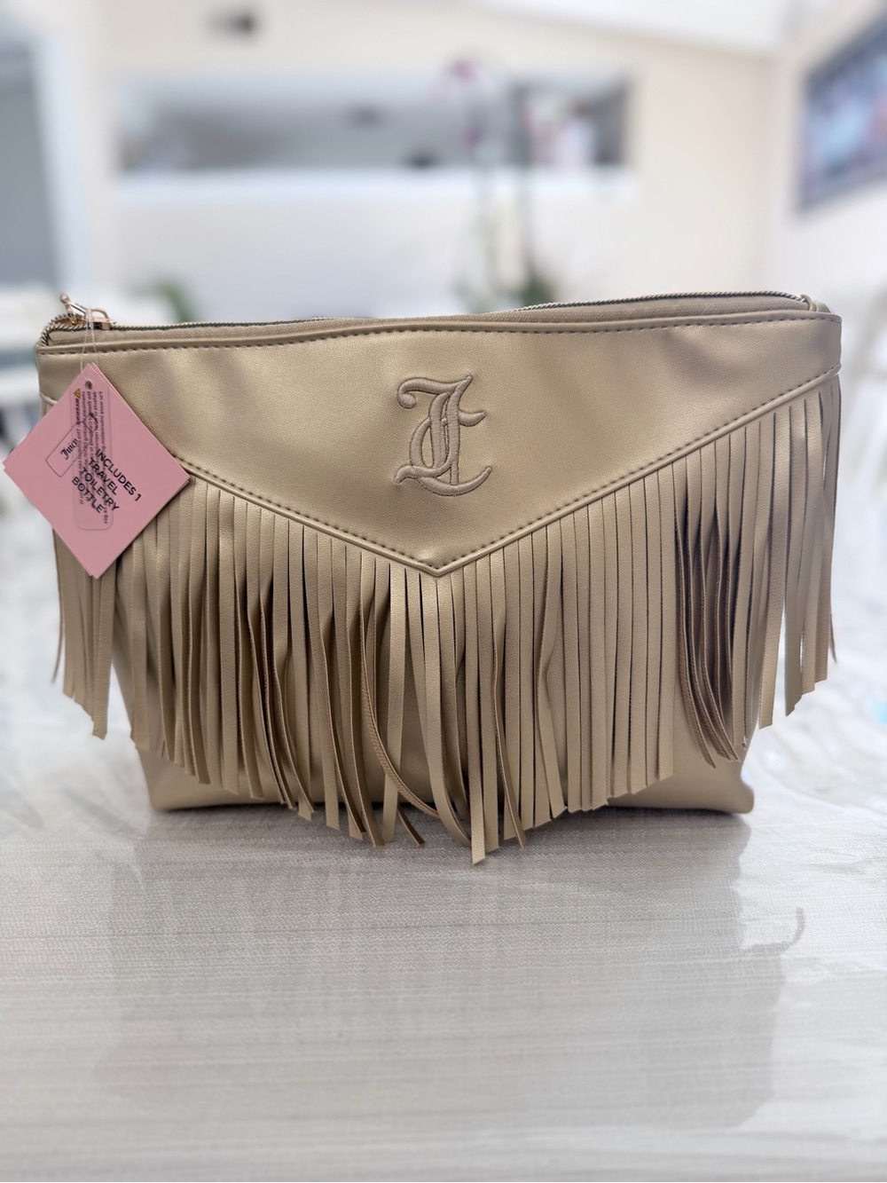 Juicy Couture Gold Fringe Cosmetic Bag with Toiletry Bottle